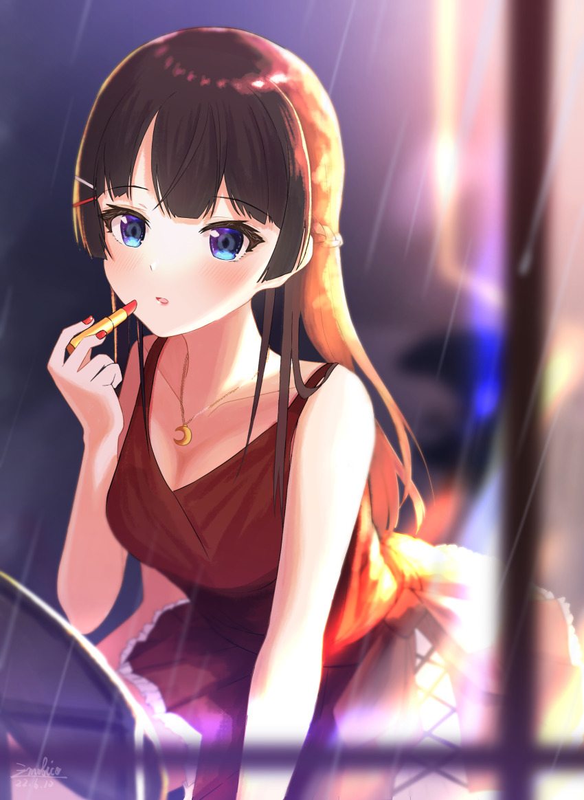 1girl, absurdres, bare_arms, blue_eyes, blunt_bangs, breasts, brown_hair, cleavage