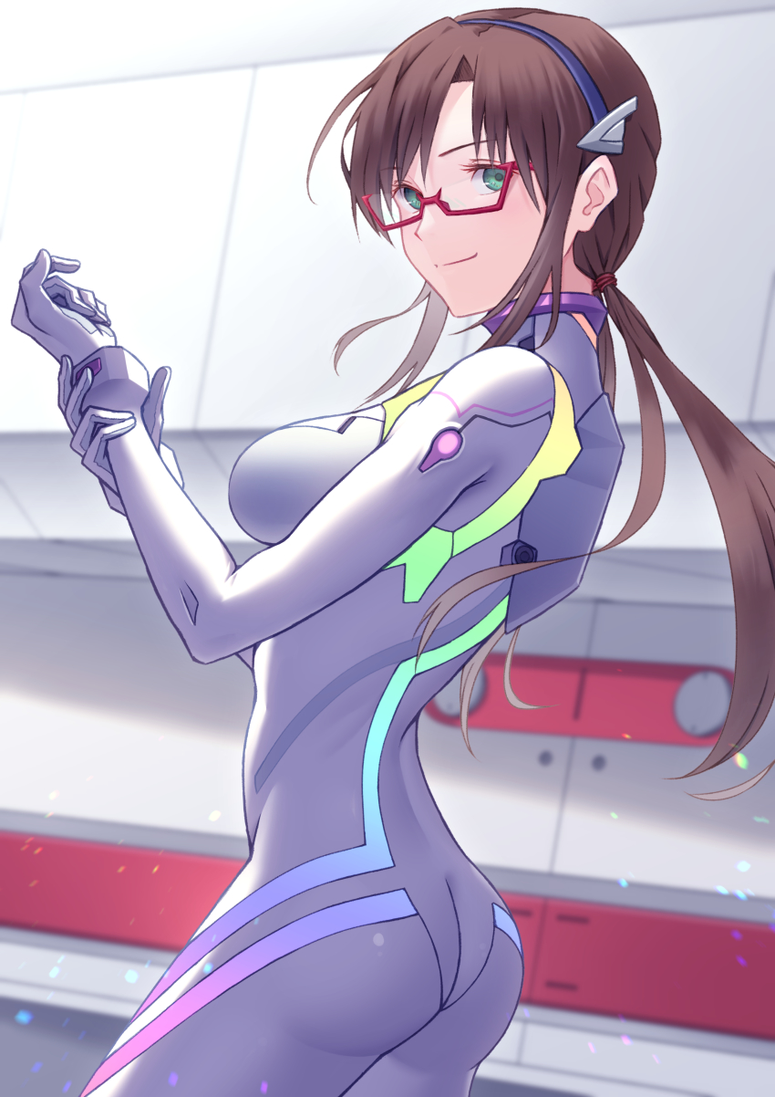 1girl, absurdres, ass, bodysuit, breasts, brown_hair, closed_mouth, cowboy_shot, evangelion:_3.0+1.0_thrice_upon_a_time, floating_hair, from_side, glasses, green_eyes, hairband, highres, indoors, ka_ki_o, long_hair, low_twintails, makinami_mari_illustrious, mecha_pilot_suit, medium_breasts, neon_genesis_evangelion, plugsuit_(evangelion), purple_hairband, rebuild_of_evangelion, red-framed_eyewear, smile, solo, standing, twintails, very_long_hair, white_bodysuit