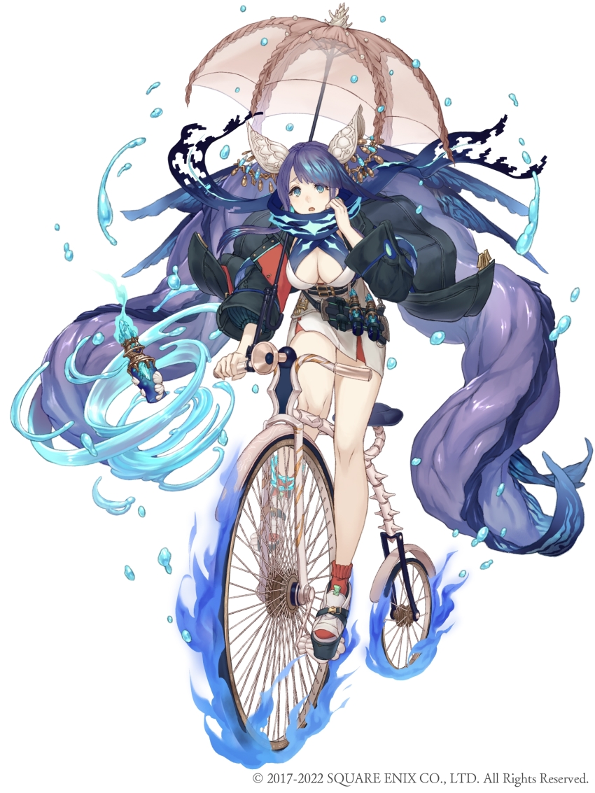 1girl, absurdly_long_hair, absurdres, adjusting_scarf, aqua_eyes, belt, bike_horn, bottle
