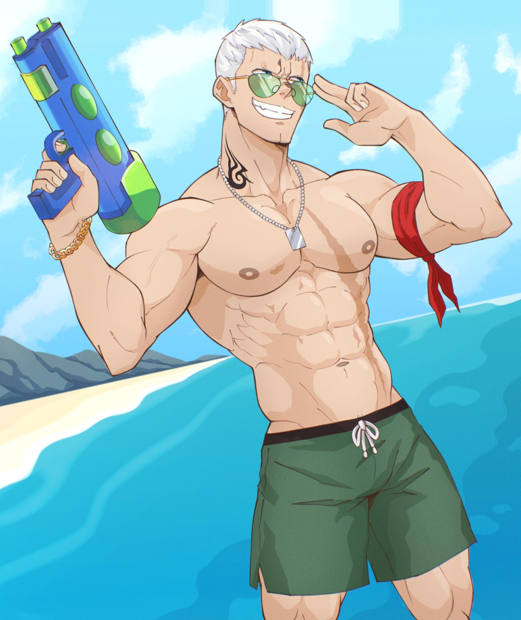 1boy, abs, bara, beach, blue_eyes, bracelet, breasts, bryan_fury