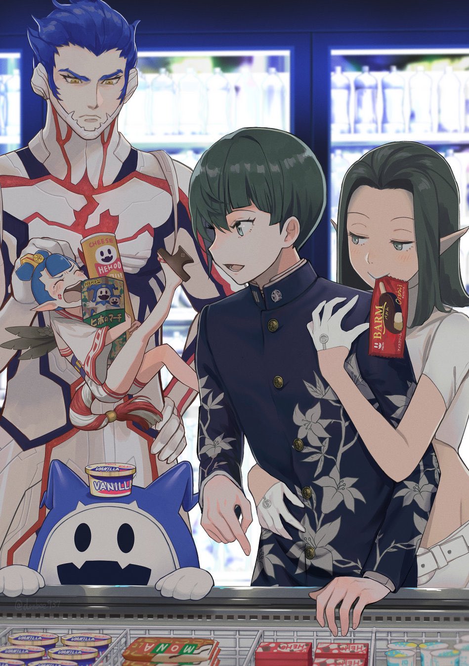 amanozako_(megami_tensei), androgynous, aogami_(megami_tensei), asymmetrical_hair, black_hair, blue_eyes, blue_hair, blush