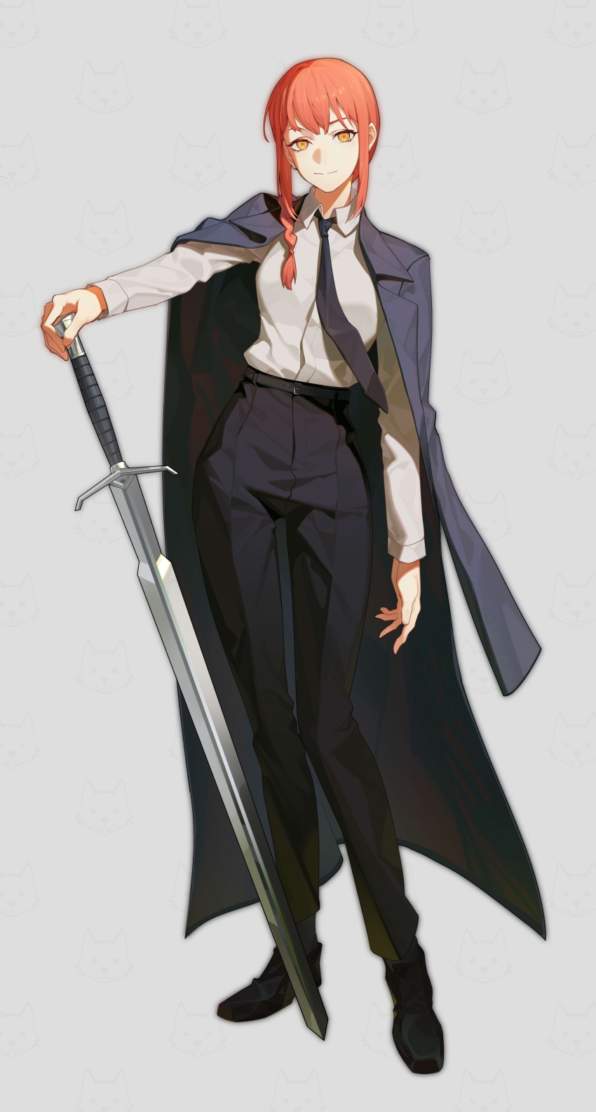 1girl, absurdres, animal_print, belt, belt_buckle, black_coat, black_necktie, black_pants