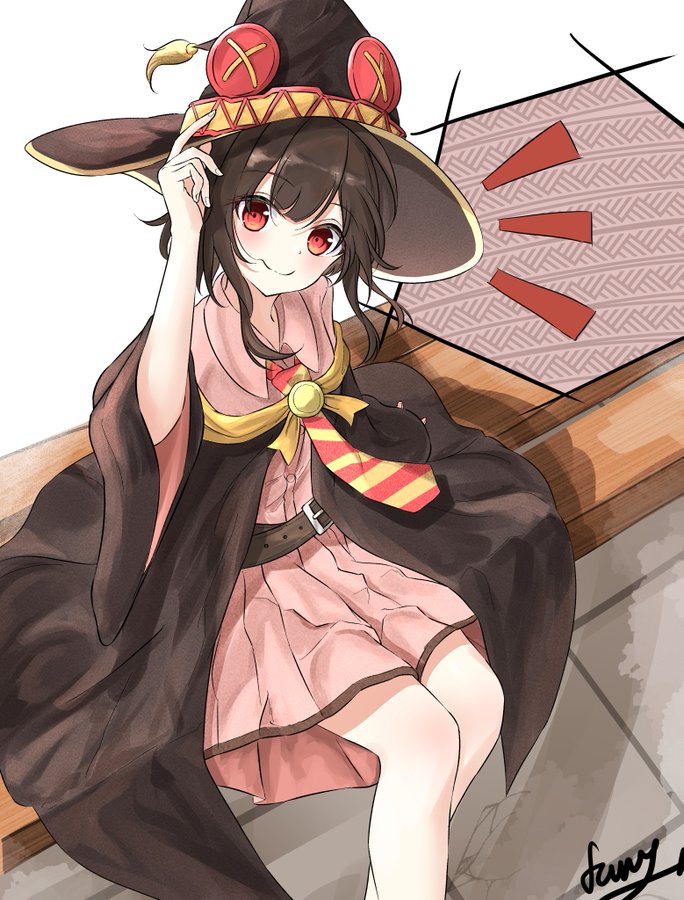 1girl, blush, cape, cloak, dress, farat0827, hat, kono_subarashii_sekai_ni_shukufuku_wo!, looking_at_viewer, megumin, red_dress, red_eyes, school_uniform, short_hair_with_long_locks, sitting, smile, solo, witch_hat