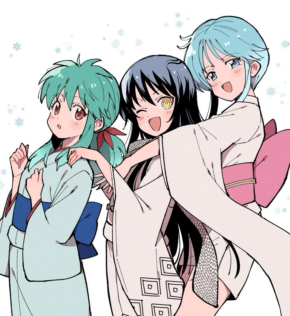 3girls, ai_nige, aqua_hair, black_hair, blue_eyes, blush, crossover, japanese_clothes