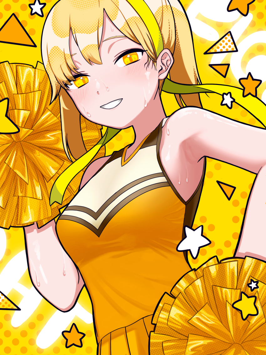 1girl, absurdres, armpits, blonde_hair, blush, cheerleader, exhausted, grin