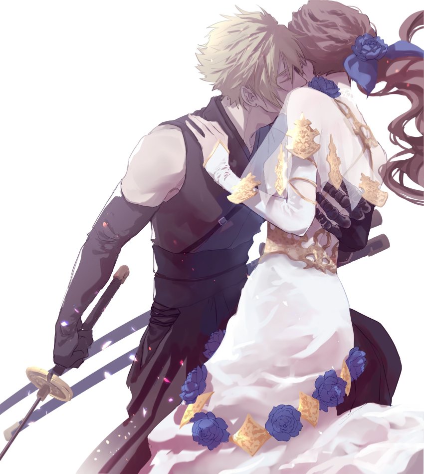 1boy, 1girl, aerith_gainsborough, aerith_gainsborough_(prism_dress), arm_around_another's_back, backless_dress, backless_outfit, black_gloves, black_pants, black_shirt, blonde_hair, blue_flower, blue_rose, breasts, brown_hair, closed_eyes, cloud_strife, cloud_strife_(murasame), couple, demi_co, detached_sleeves, dress, earrings, face_in_neck, final_fantasy, final_fantasy_vii, final_fantasy_vii:_ever_crisis, final_fantasy_vii_remake, flower, gloves, hair_between_eyes, hair_flower, hair_ornament, hair_ribbon, hand_on_another's_shoulder, highres, holding, holding_sword, holding_weapon, jewelry, katana, long_dress, long_hair, low_ponytail, medium_breasts, multiple_swords, official_alternate_costume, pants, ponytail, ribbon, rose, see-through_clothes, shirt, short_hair, single_earring, sleeveless, sleeveless_shirt, spiked_hair, square_enix, sword, upper_body, wavy_hair, weapon, white_background, white_dress