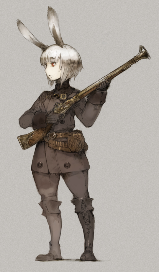 1girl, animal_ears, belt, boots, female_focus, final_fantasy, final_fantasy_tactics, final_fantasy_tactics_a2, final_fantasy_tactics_advance, gun, knee_boots, military, military_uniform, musket, original, rabbit_ears, red_eyes, short_hair, sidelocks, solo, tko_(artist), tko_(kkk66), viera, weapon, white_hair