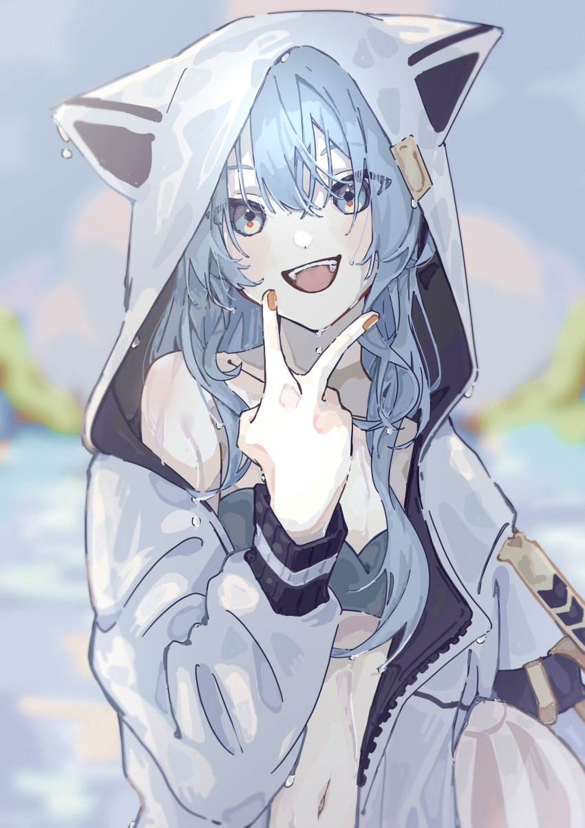 1girl, absurdres, animal_hood, ball, bandeau, beachball, bikini, bikini_under_clothes, blue_bikini, blue_eyes, blue_hair, blurry, blurry_background, hand_up, highres, hololive, hood, hooded_jacket, hoshimachi_suisei, hoshimachi_suisei_(sailor), jacket, long_hair, long_sleeves, looking_at_viewer, mirai99, navel, open_clothes, open_jacket, open_mouth, smile, solo, swimsuit, swimsuit_under_clothes, upper_body, v, v_over_mouth, virtual_youtuber, water, wet, wet_clothes, white_jacket