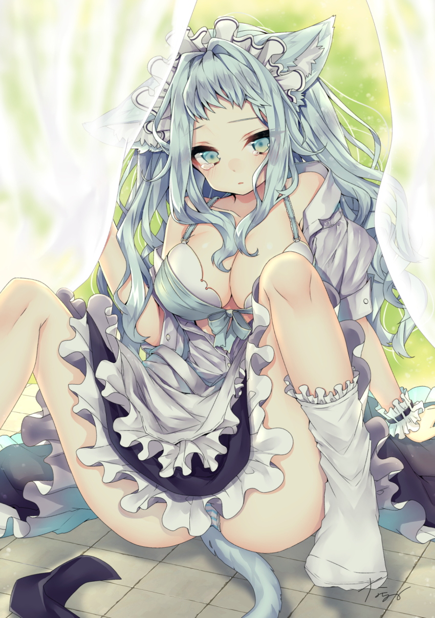 1girl, animal_ear_fluff, animal_ears, apron, aqua_bra, ass, black_dress, blue_eyes