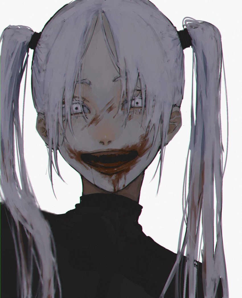1girl, akuta_vi, black_shirt, blood, blood_in_mouth, blood_on_face, colored_eyelashes, grin