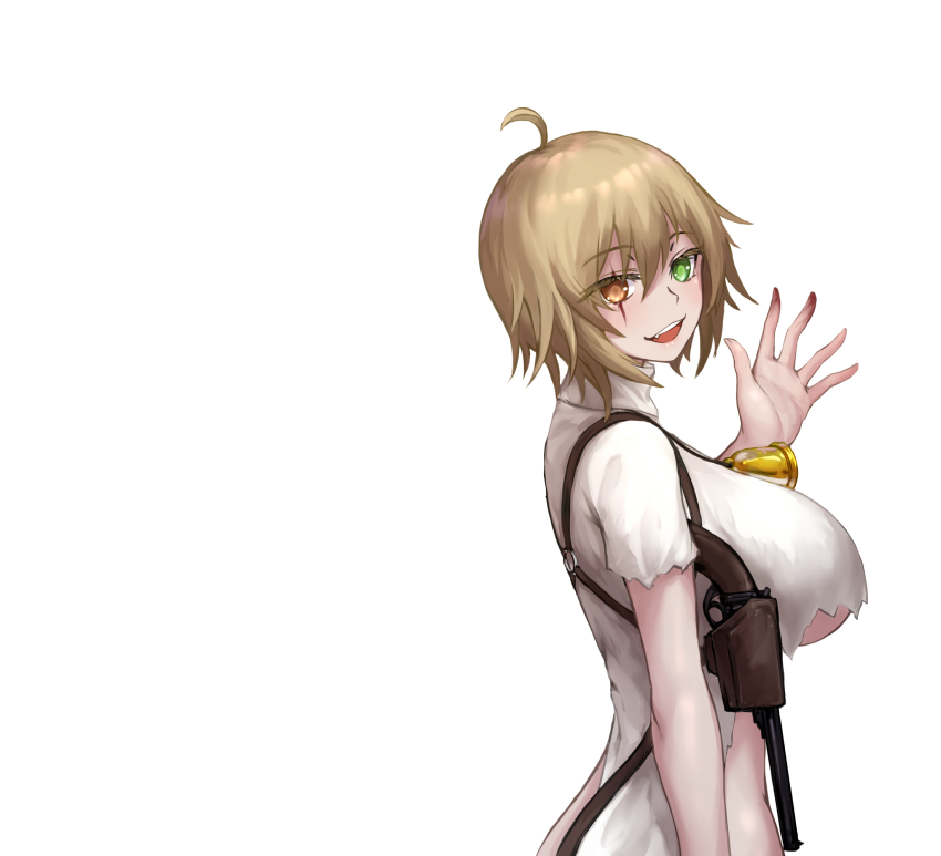 1girl, ahoge, bell, blonde_hair, blood, blush, breasts, brown_eyes