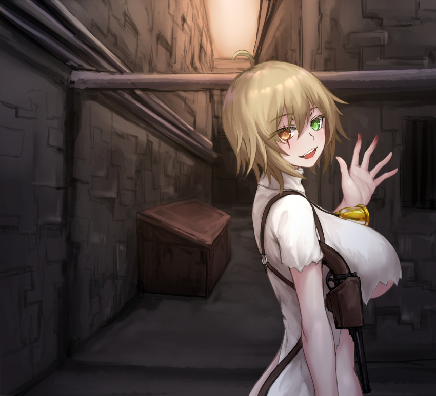 1girl, ahoge, alley, bell, blonde_hair, blood, blush, breasts, brown_eyes, building, cafe_no_zombi-ko, cafe_no_zombi-ko_(3rd_costume), chinese_commentary, commentary_request, dumpster, green_eyes, gun, hair_between_eyes, heterochromia, highres, holstered, indie_virtual_youtuber, large_breasts, long_sleeves, looking_at_viewer, looking_to_the_side, open_mouth, shirt, short_hair, smile, solo, torn_clothes, underboob, upper_body, virtual_youtuber, weapon, white_shirt, yeklsa