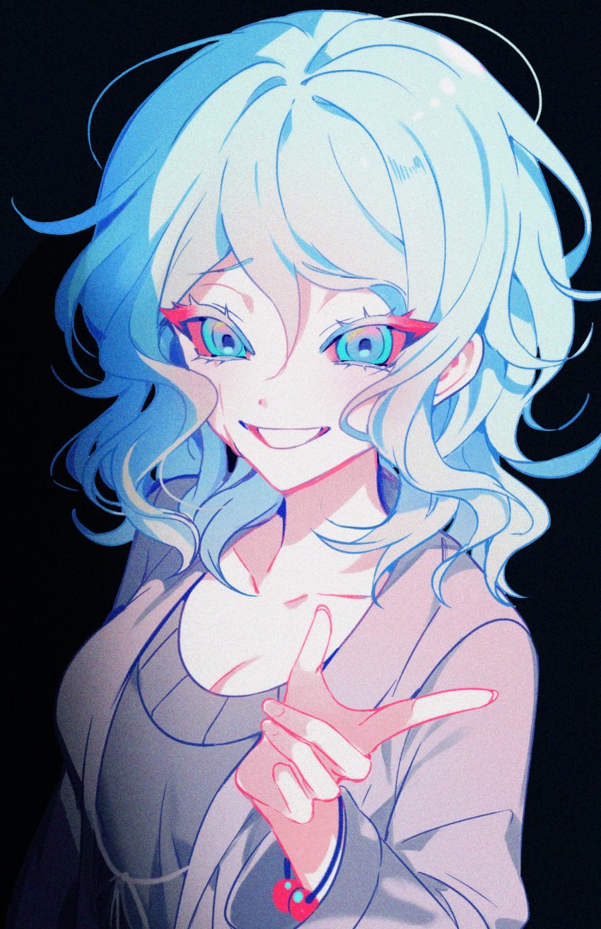 1girl, black_background, blue_eyes, blue_hair, breasts, cardigan, cleavage, colored_eyelashes