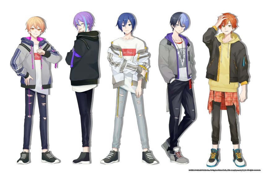 5boys, absurdres, adidas, adjusting_hair, aoyagi_touya, april_fools, aqua_hair, black_hair