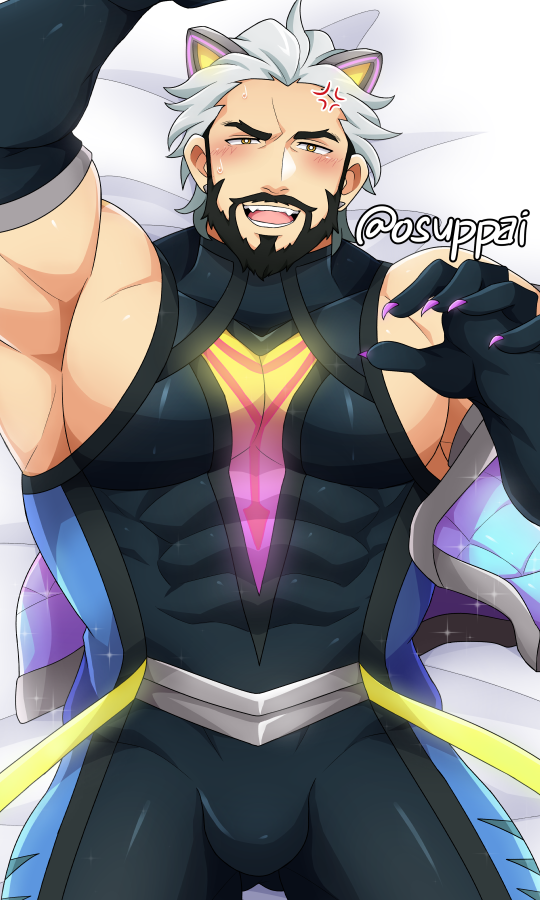 1boy, abs, angry, animal_ears, armpits, artist_name, bara, battle_wolf_sylas