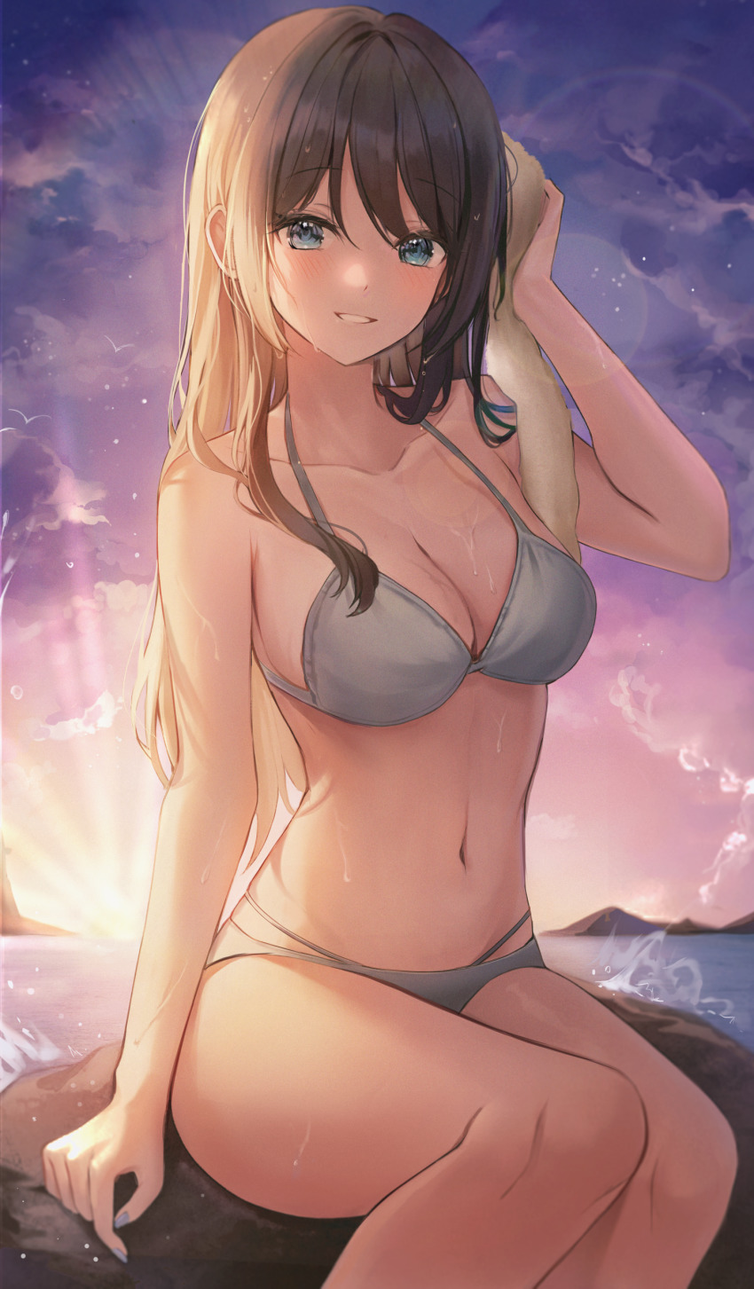 1girl, absurdres, backlighting, bikini, blue_eyes, blush, breasts, brown_hair