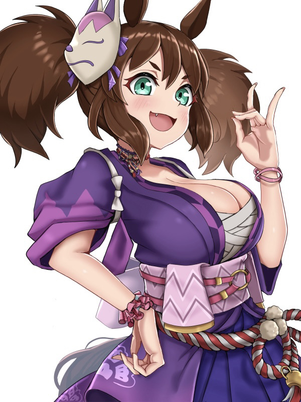 animal_ears, aqua_eyes, breasts, brown_hair, chest_sarashi, cleavage, fang, from_side, hand_on_own_hip, hand_puppet, horse_ears, horse_girl, horse_tail, inari_one_(umamusume), japanese_clothes, kimono, kouri_yuni, large_breasts, light_blush, looking_at_viewer, mask, mask_on_head, obi, open_mouth, oppai_loli, puppet, sarashi, sash, scrunchie, short_twintails, simple_background, smile, tail, twintails, umamusume, white_background, wrist_scrunchie, yukata