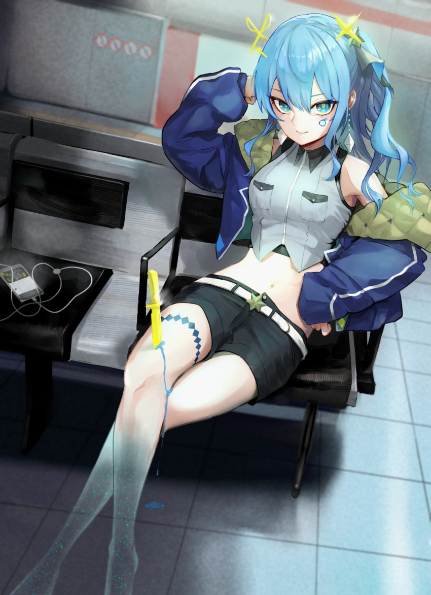 1girl, belt, blood, blood_drip, blood_on_ground, blood_on_leg, blue_blood, blue_eyes, blue_hair, cellphone, colored_blood, crop_top, earphones, earrings, highres, hololive, hoshimachi_suisei, jacket, jacket_partially_removed, jewelry, knife, medium_hair, midriff, navel, phone, scissors, shorts, side_ponytail, sitting, smile, solo, thighs, virtual_youtuber, vocaloid, yellow_takano, yuurei_tokyo_(vocaloid)