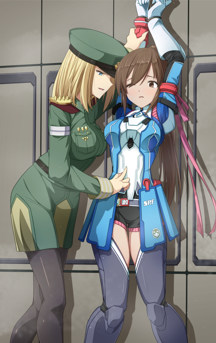 2girls, against_wall, blonde_hair, blue_eyes, bound, bound_wrists, breasts, brown_eyes, brown_hair, hair_ribbon, hat, high_ponytail, highres, imminent_rape, large_breasts, long_hair, medium_breasts, medium_hair, military, military_uniform, milla_bachtein, multiple_girls, one_eye_closed, open_mouth, pantyhose, parted_lips, pencil_skirt, ponytail, purple_thighhighs, ribbon, saionji_reimi, shiny_clothes, short_shorts, shorts, skirt, smile, star_ocean, star_ocean:_the_last_hope, thighhighs, toya, very_long_hair, wall, wince
