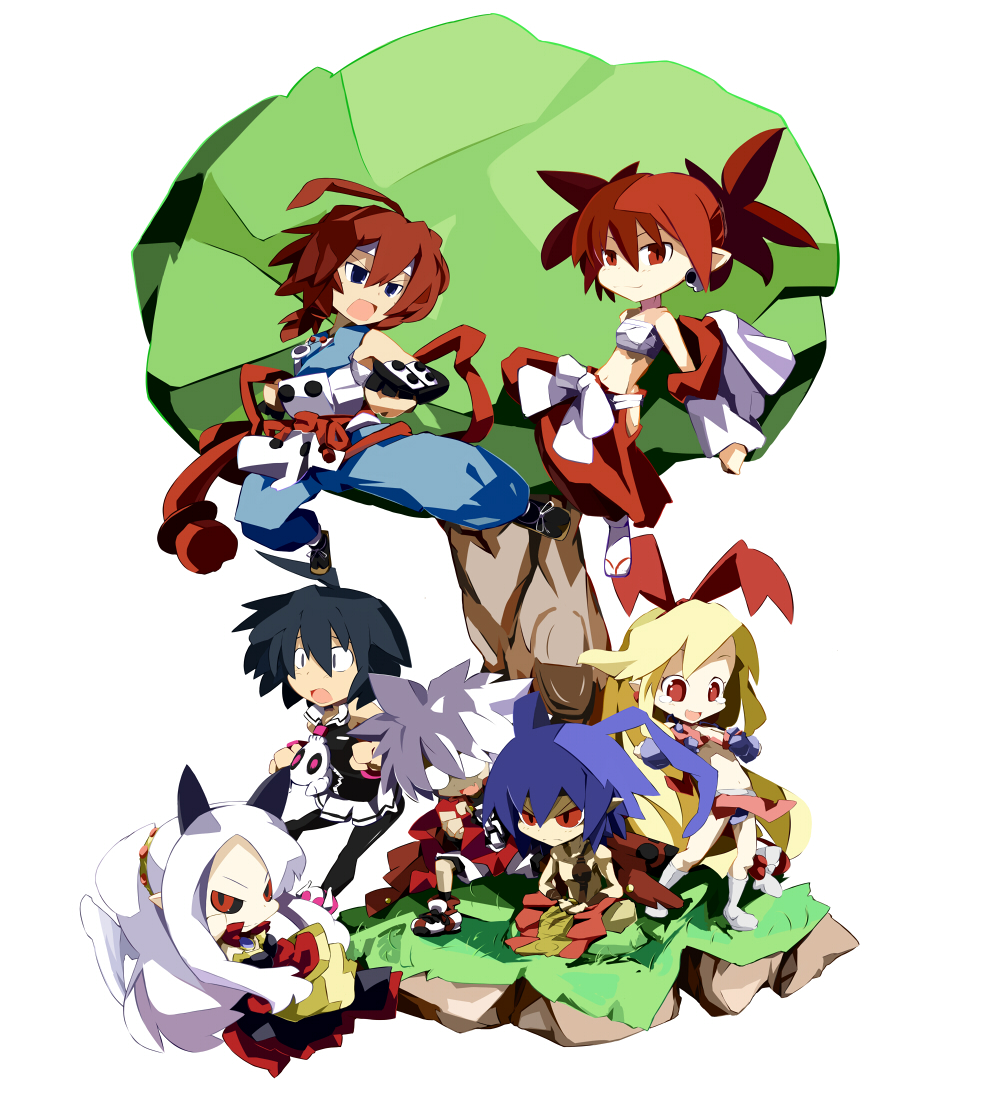 3boys, 4girls, adell_(disgaea), almaz_von_almadine_adamant, alternate_costume, antenna_hair, aurum, aurum_(disgaea)
