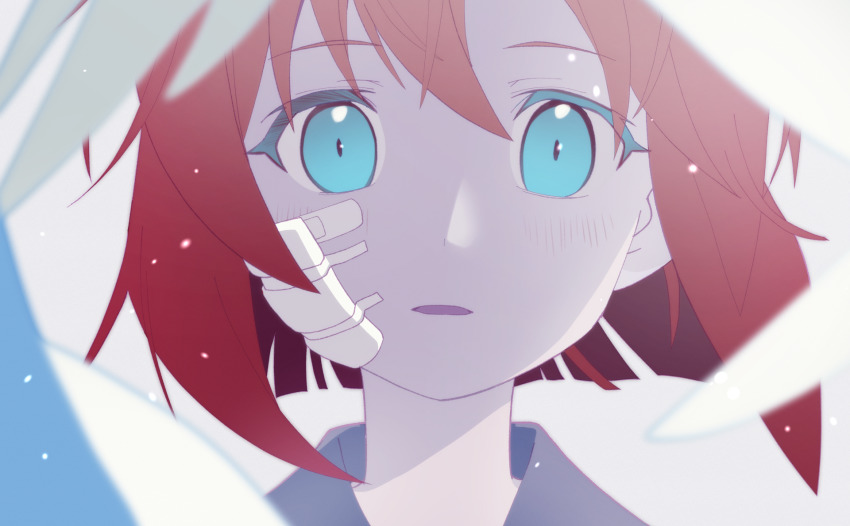 1girl, ado_(utaite), bandage_on_face, bandages, bandaid, bandaid_on_face, blue_eyes, blunt_ends