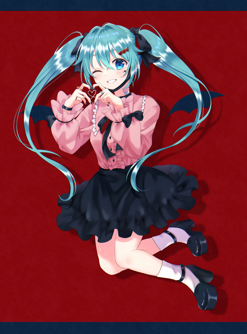 1girl, ;d, bandaid, bandaid_on_neck, bat_wings, blue_eyes, blue_hair, blush