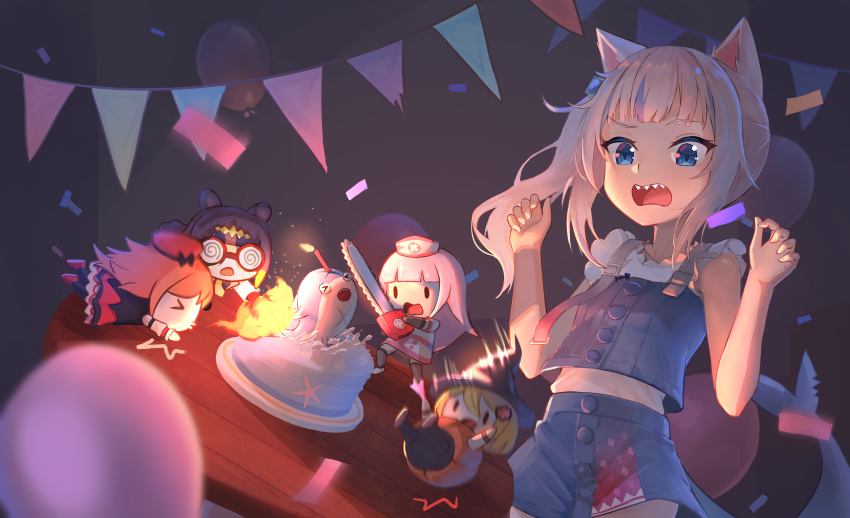 >3<, >_<, absurdres, animal_ears, birthday, birthday_cake, black_hair, blonde_hair