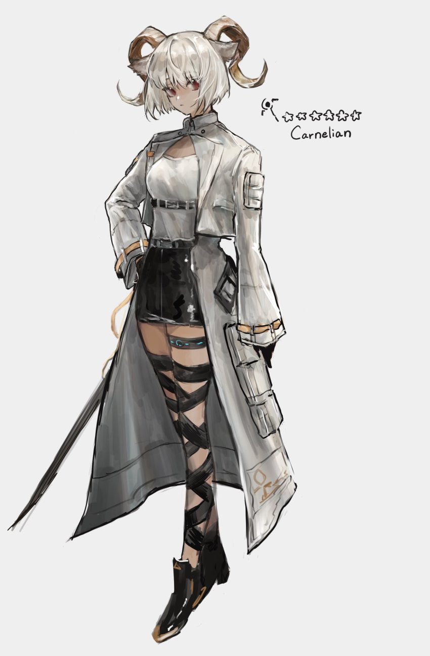 1girl, animal_ears, arknights, black_boots, black_skirt, boots, carnelian_(arknights), character_name