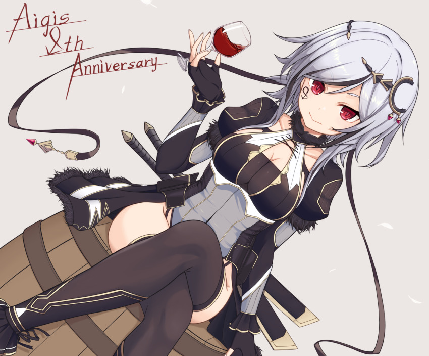 1girl, :>, alcohol, anniversary, barrel, black_gloves, black_thighhighs, breasts