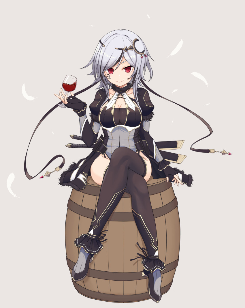 1girl, :>, alcohol, ankle_ribbon, barrel, black_footwear, black_gloves, black_hair, black_thighhighs, breasts, cleavage, collarbone, commentary, crossed_legs, cup, dot_nose, drinking_glass, facial_mark, falling_feathers, feathers, fingerless_gloves, frilled_thighhighs, frills, full_body, fur_collar, fur_trim, gloves, gold_trim, grey_background, grey_hair, groin, hair_between_eyes, hair_ornament, hand_up, high_heels, highleg, highres, holding, holding_cup, juliet_sleeves, koyagi, leg_ribbon, long_sleeves, looking_at_viewer, medium_breasts, medium_hair, multicolored_hair, parted_bangs, pink_pupils, puffy_sleeves, red_eyes, ribbon, see-through_clothes, see-through_shirt, sennen_sensou_aigis, sheath, sheathed, sidelocks, sinead_(sennen_sensou_aigis), sitting, solo, streaked_hair, sword, thick_eyebrows, thighhighs, underbust, v-shaped_eyebrows, waist_cape, weapon, wine, wine_glass