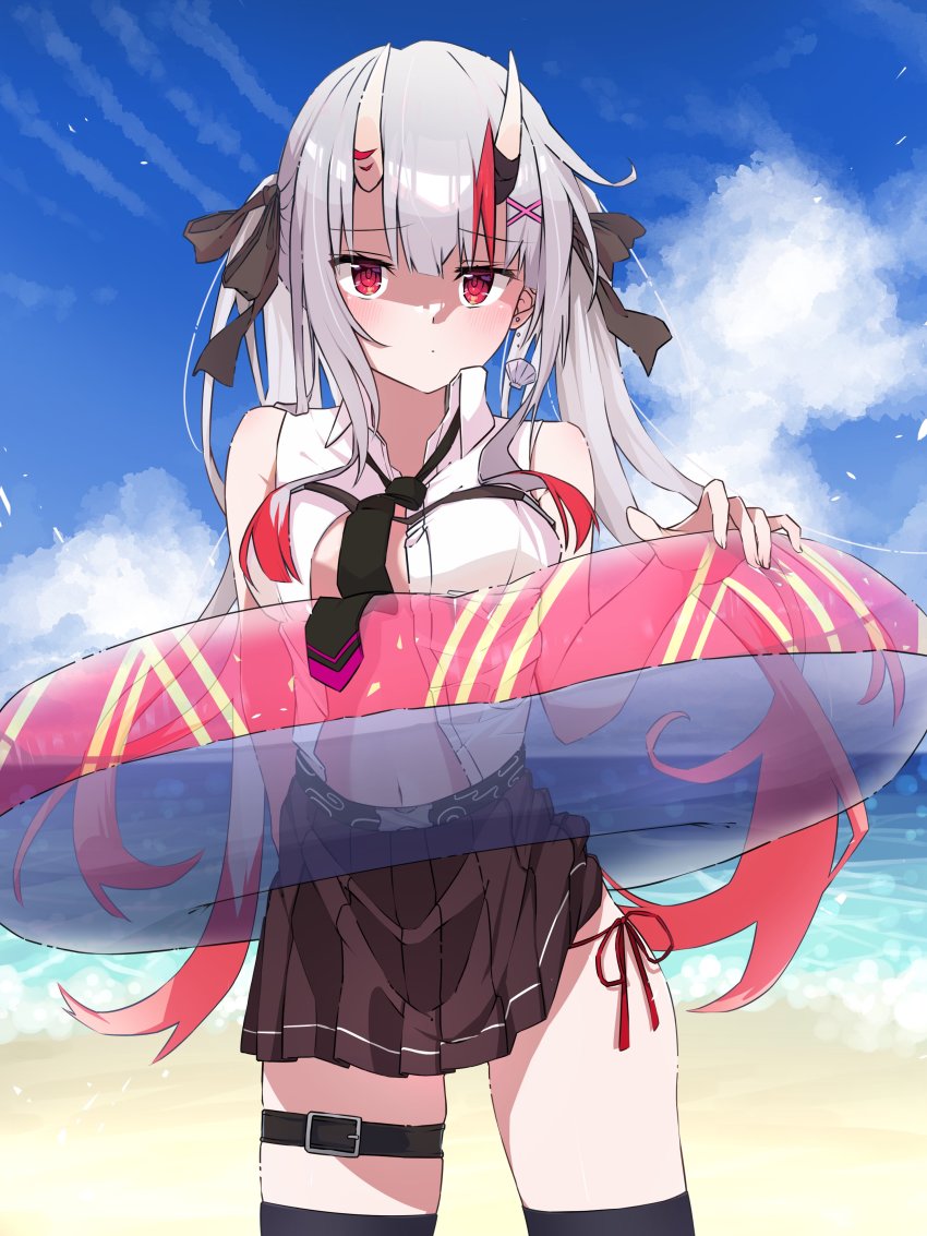 1girl, absurdres, beach, belt, black_necktie, black_panties, black_skirt, black_thighhighs, blue_sky, cloud, cloudy_sky, colored_tips, commentary_request, cowboy_shot, earrings, grey_hair, hair_ribbon, highres, hololive, horns, innertube, jewelry, long_hair, looking_at_viewer, multicolored_hair, nakiri_ayame, nakiri_ayame_(streetwear), navel, necktie, official_alternate_costume, oninome_tsuki, open_clothes, outdoors, panties, pleated_skirt, red_eyes, red_hair, red_panties, ribbon, shell, shell_earrings, side-tie_panties, skin-covered_horns, skirt, sky, solo, standing, streaked_hair, swim_ring, thigh_belt, thigh_strap, thighhighs, twintails, underwear, virtual_youtuber