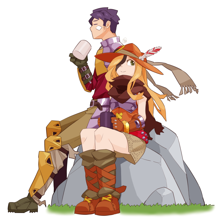 1boy, 1girl, absurdres, black_scarf, closed_eyes, closed_mouth, cup, etrian_odyssey