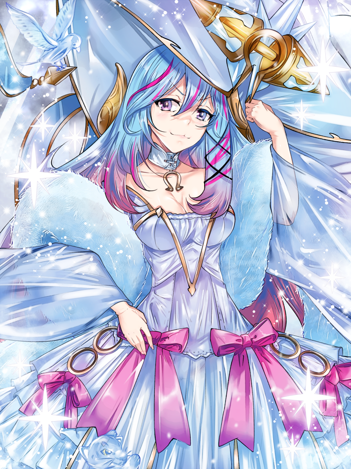 1girl, blue_hair, breasts, cleavage, collar, dress, duel_monster, fur_scarf, gradient_hair, hat, horseshoe, kalian, large_ribbon, long_hair, long_sleeves, medium_breasts, multicolored_hair, pink_hair, purple_eyes, ribbon, rilliona_(yu-gi-oh!), rilliona_the_magistus_of_verre, rilliona_the_wondrous_magistus_witch_wardrobe, smug, solo, sparkle, standing, white_dress, wizard_hat, yu-gi-oh!