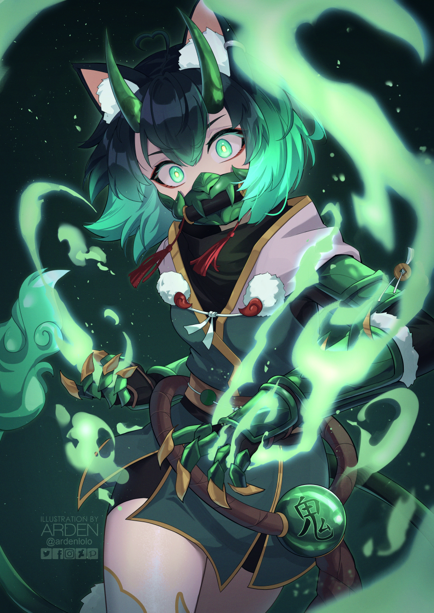 1girl, ahoge, animal_ears, ardenlolo, armor, artist_name, breasts, cat_ears, cat_girl, cat_tail, commentary, cowboy_shot, deviantart_logo, earrings, facebook_logo, fire, girl_dm, girl_dm_(jade_oni), gradient_hair, green_eyes, green_fire, green_hair, hair_between_eyes, heart, heart_ahoge, highres, horns, indie_virtual_youtuber, instagram_logo, jewelry, looking_at_viewer, mask, multicolored_hair, pixiv_logo, short_hair, shorts, small_breasts, solo, tail, thighhighs, twitter_logo, twitter_username, virtual_youtuber, watermark