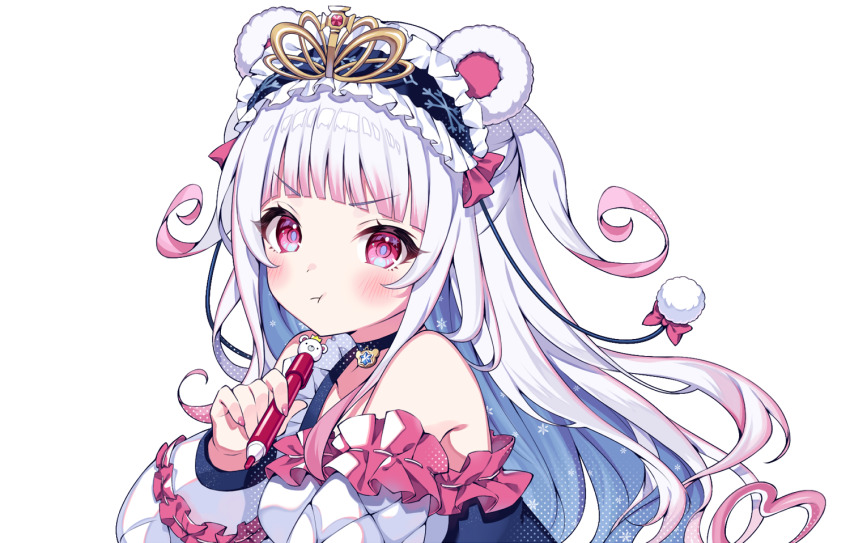 1girl, blunt_bangs, choker, closed_mouth, frilled_hairband, frills, hairband, holding, holding_pen, indie_virtual_youtuber, long_hair, looking_at_viewer, off_shoulder, pen, pink_eyes, pom_pom_(clothes), pout, shirokuma_rin, simple_background, solo, tatejima_uri, upper_body, virtual_youtuber, white_background, white_hair