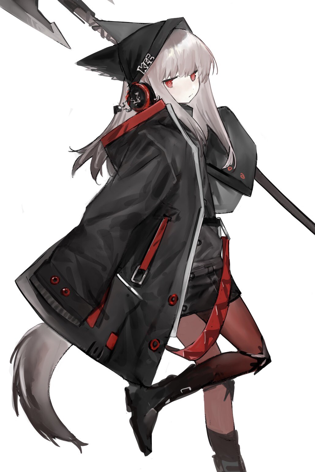 1girl, animal_ears, arknights, beanie, black_hat, black_jacket, black_shirt, black_skirt