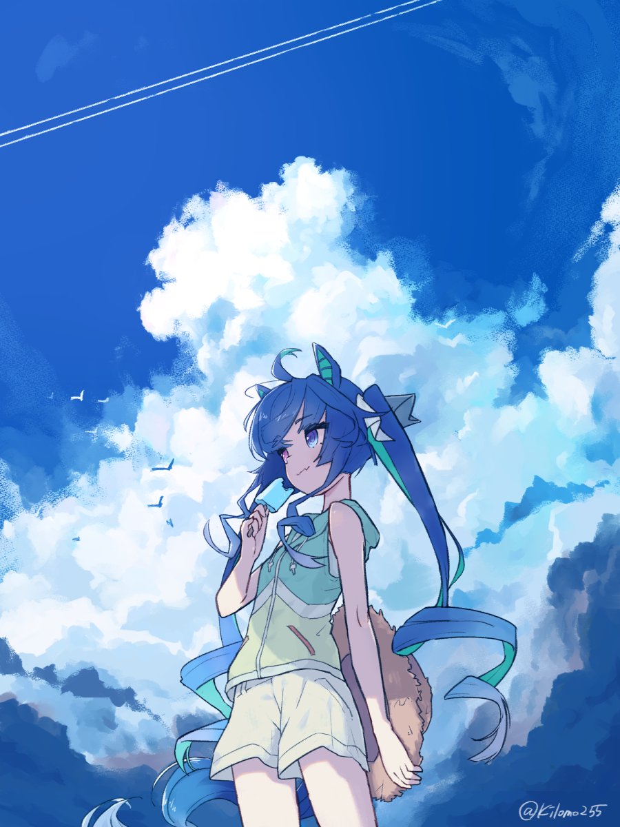 1girl, ahoge, animal_ears, arm_at_side, bird, blue_background, blue_eyes, blue_hair