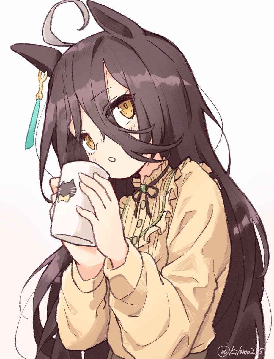 1girl, :o, ahoge, animal_ears, cup, earrings, frilled_shirt_collar, frills