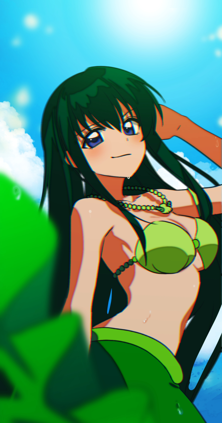 1girl, bikini, blue_background, blue_eyes, blue_sky, bra, bracelet, breasts