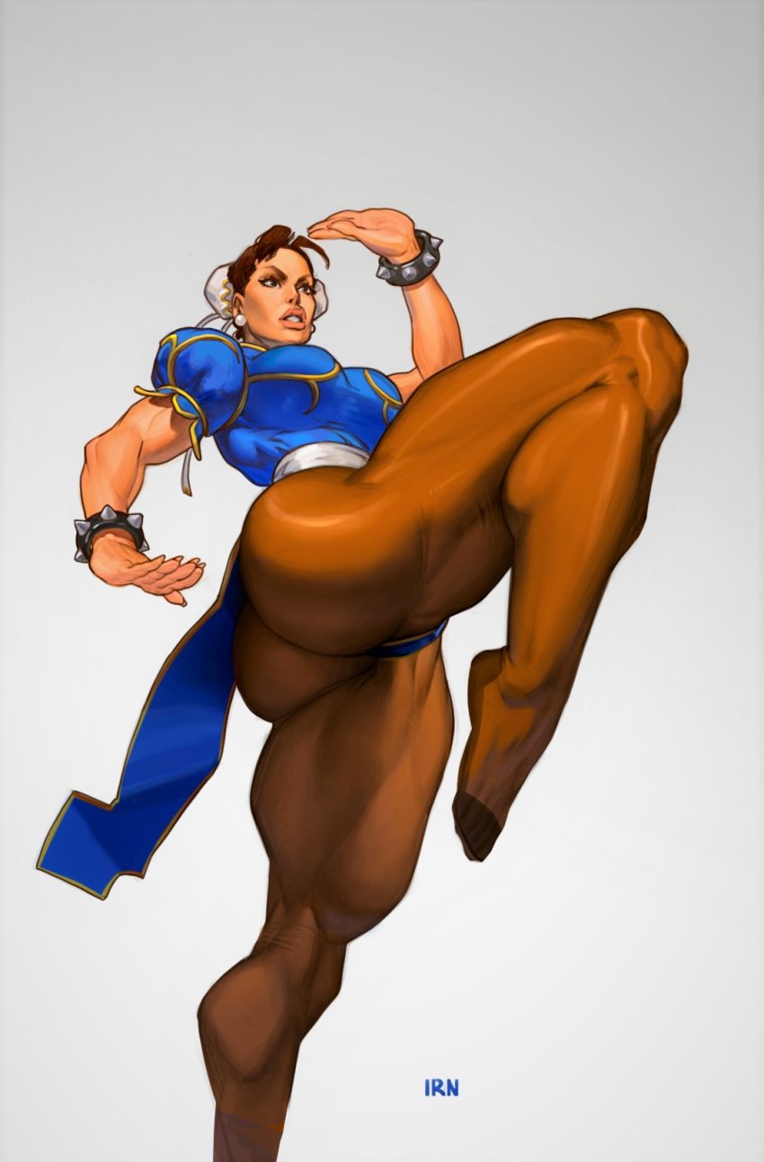 1girl, ass, blue_dress, bracelet, breasts, brown_eyes, brown_hair, brown_pantyhose, bun_cover, capcom, china_dress, chinese_clothes, chun-li, double_bun, dress, earrings, fighting_stance, hair_bun, highres, irn, jewelry, large_breasts, leg_up, lips, muscular, muscular_female, muscular_legs, no_shoes, pantyhose, pearl_earrings, pelvic_curtain, puffy_short_sleeves, puffy_sleeves, sash, short_sleeves, side_slit, spiked_bracelet, spikes, street_fighter, street_fighter_ii_(series), thick_thighs, thighs