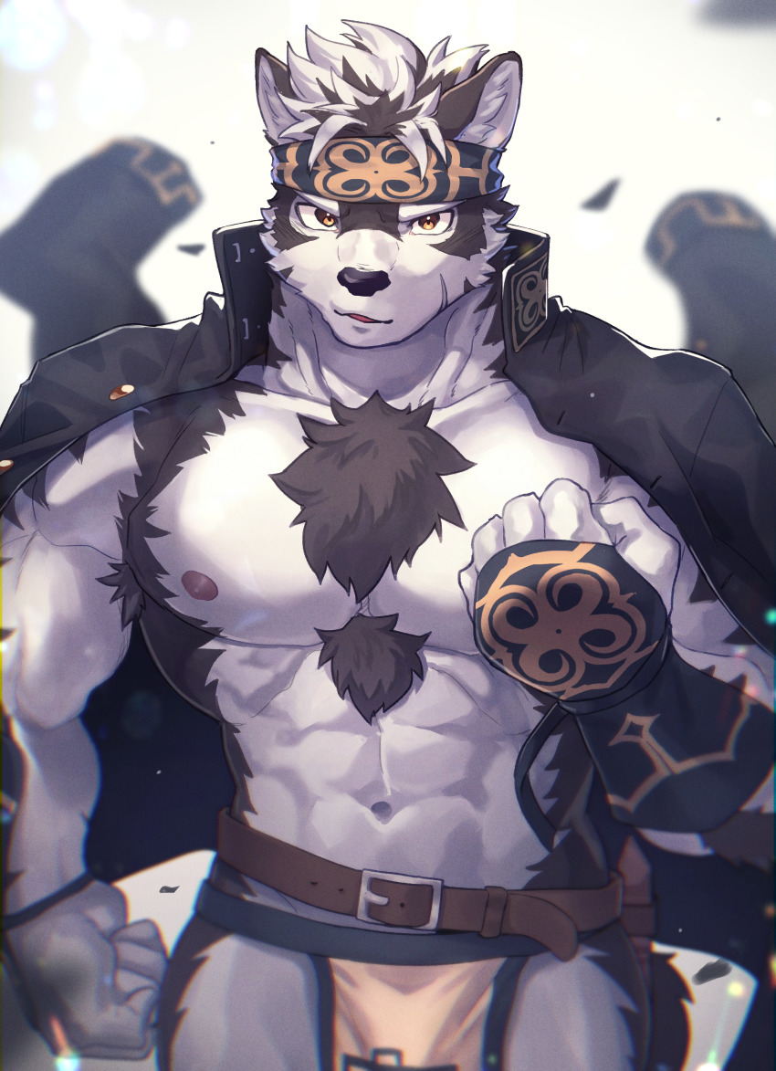1boy, abs, absurdres, ainu_clothes, animal_ears, animal_nose, bar_(place), bara