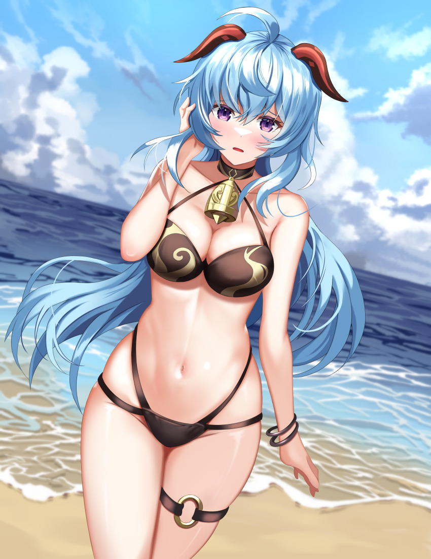 1girl, absurdres, ahoge, bare_shoulders, bell, bikini, black_bikini, blue_hair, blush, breasts, colored_eyelashes, ganyu_(genshin_impact), genshin_impact, goat_horns, hair_between_eyes, halterneck, highleg, highleg_bikini, highres, horns, large_breasts, long_hair, looking_at_viewer, multi-strapped_bikini, neck_bell, o-ring, o-ring_thigh_strap, purple_eyes, raised_eyebrows, rjh5820, sidelocks, skindentation, solo, string_bikini, swimsuit, thigh_strap, thighs