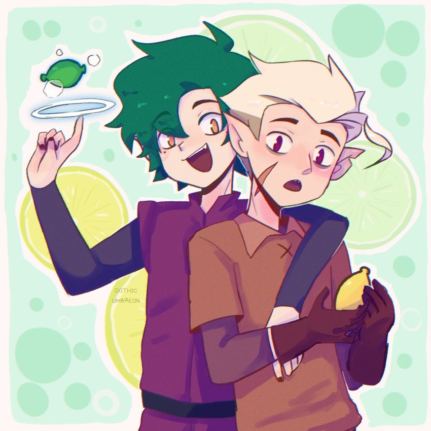 2boys, bags_under_eyes, blonde_hair, brown_gloves, edric_blight, facial_scar, food, fruit