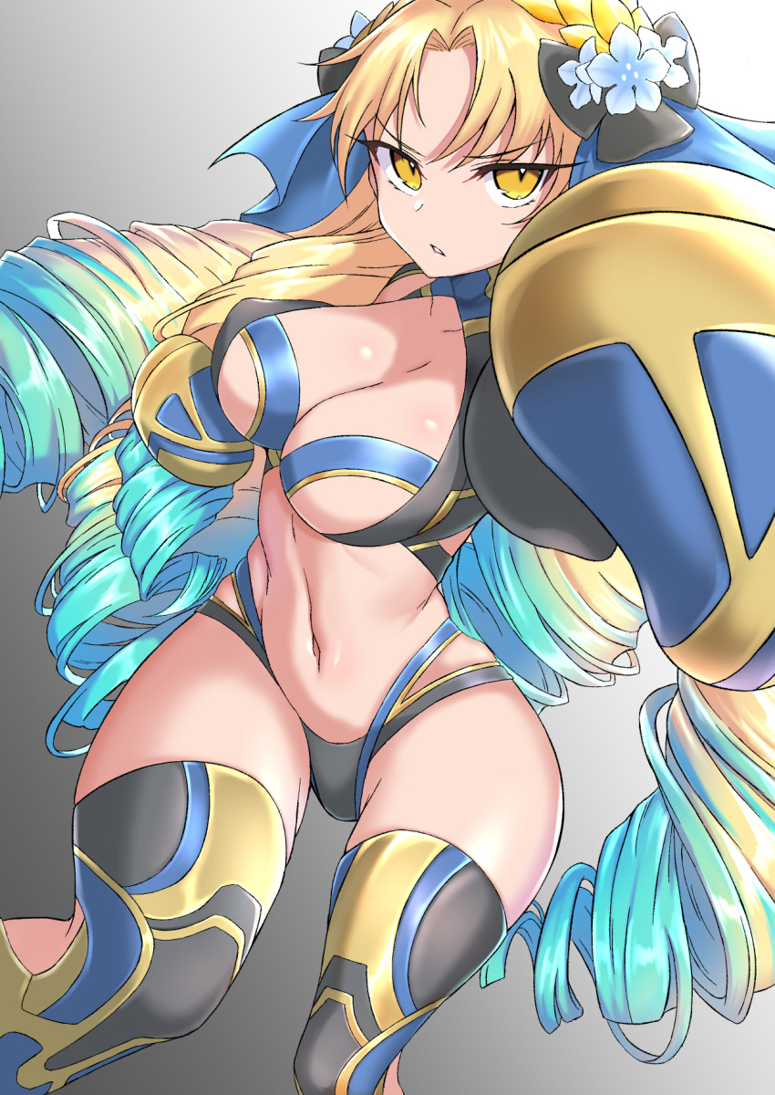 1girl, astraea_(fate), astraea_(festival_outfit)_(fate), black_panties, blonde_hair, blue_hair, blue_ribbon, boxing, boxing_gloves, breasts, cleavage, coyomin, drill_hair, fate/grand_order, fate_(series), flower, gold_trim, gradient_hair, hair_flower, hair_ornament, hair_ribbon, highres, large_breasts, long_hair, looking_at_viewer, multicolored_hair, navel, panties, parted_bangs, quad_drills, ribbon, sports_bra, thighhighs, thighs, underwear, very_long_hair, yellow_eyes