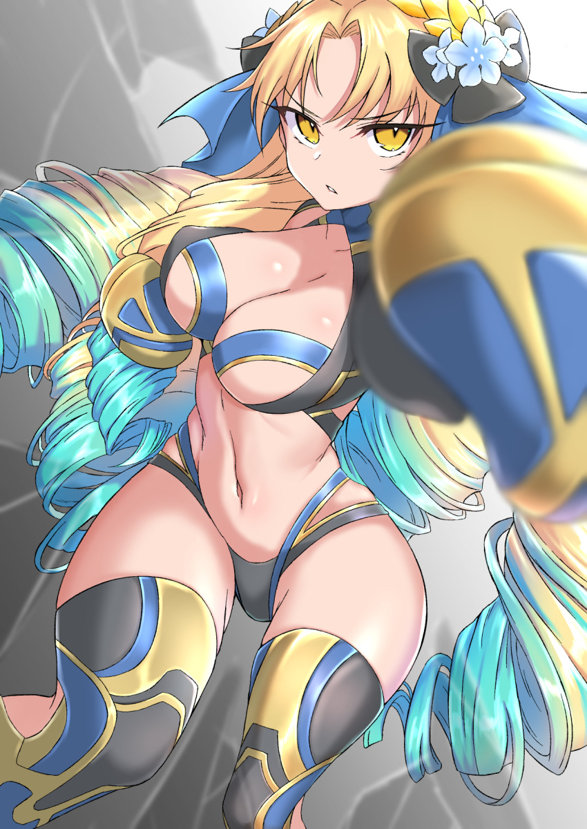 1girl, astraea_(fate), astraea_(festival_outfit)_(fate), black_panties, blonde_hair, blue_hair, blue_ribbon, boxing, boxing_gloves, breasts, cleavage, coyomin, drill_hair, fate/grand_order, fate_(series), flower, gold_trim, gradient_hair, hair_flower, hair_ornament, hair_ribbon, highres, large_breasts, long_hair, looking_at_viewer, multicolored_hair, navel, panties, parted_bangs, quad_drills, ribbon, sports_bra, thighhighs, thighs, underwear, very_long_hair, yellow_eyes