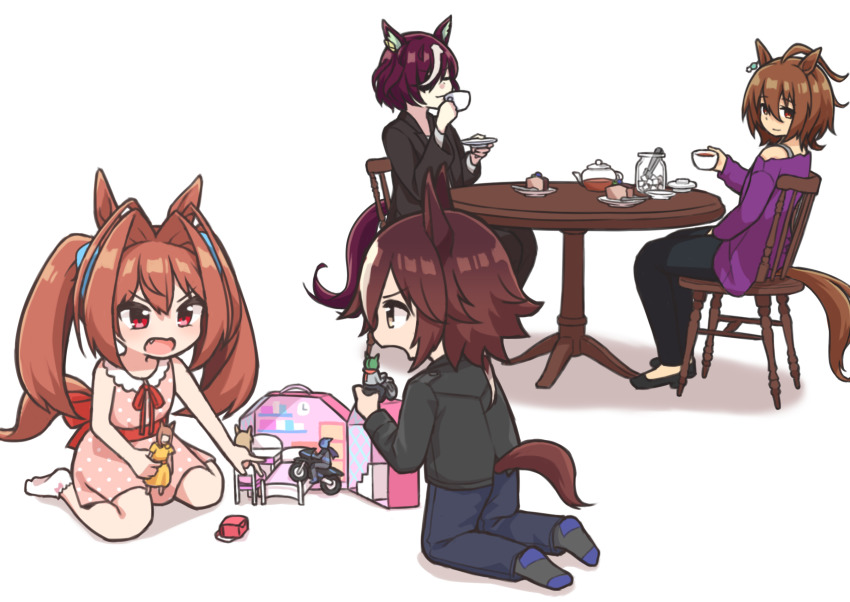 4girls, absurdres, aged_down, agnes_tachyon_(casual)_(umamusume), agnes_tachyon_(umamusume), ahoge, animal_ears, brown_eyes