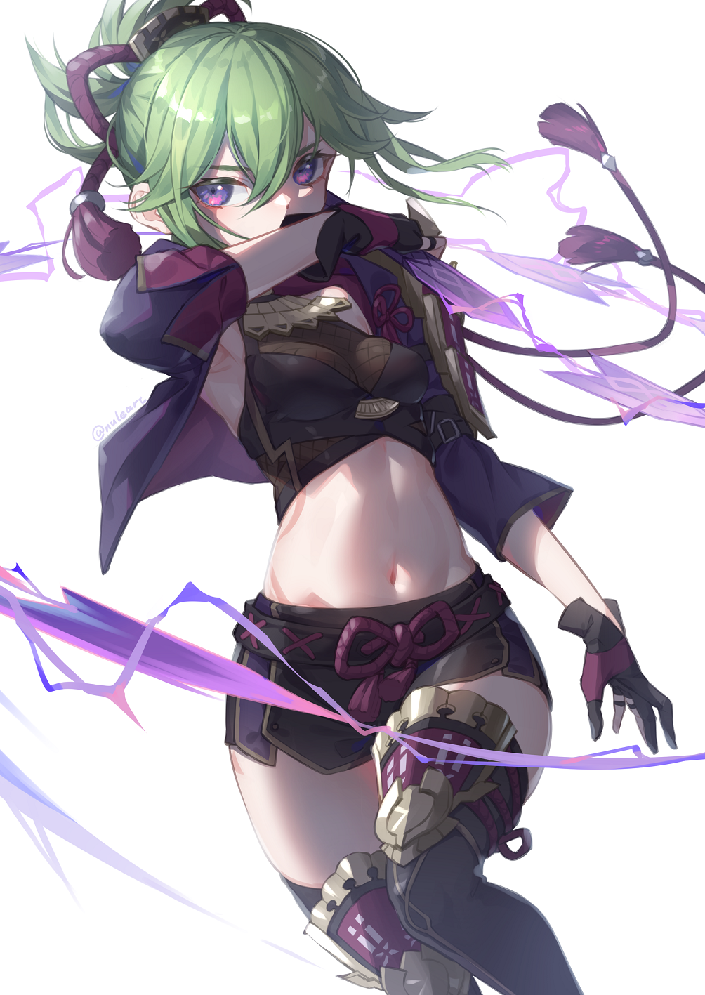 1girl, armor, body_markings, breasts, covered_mouth, cropped_jacket, electricity, fishnet_top