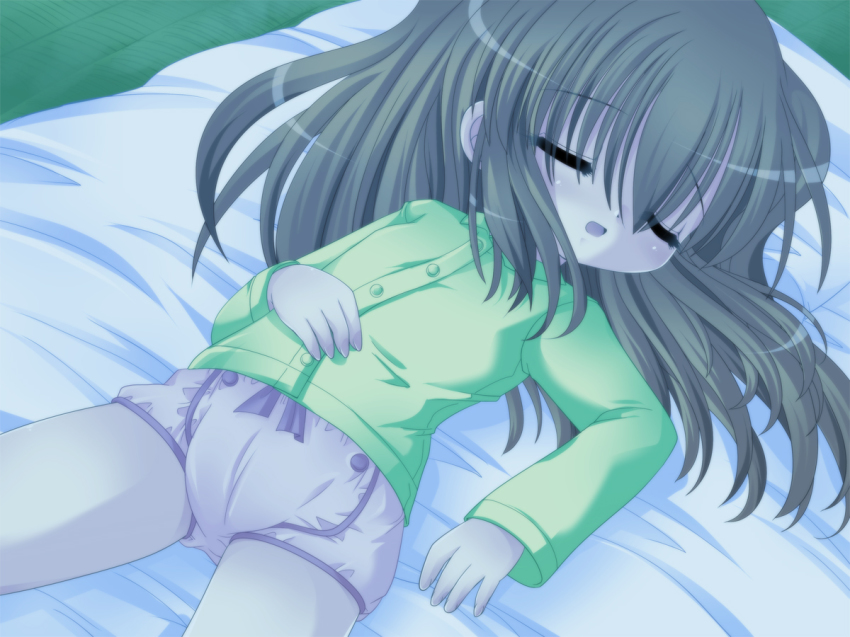 bed, child, closed_eyes, cloth_diaper, diaper, from_above, green_hair, green_shirt, hand_on_own_stomach, long_hair, lying, no_pants, on_bed, open_mouth, pajamas, pink_diaper, shirt, sleeping, tetramax, yah-yah-doh