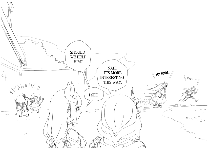 1boy, 5girls, absurdres, aepuru_arts, aether_(genshin_impact), ayaka_(genshin_impact), braid, chasing