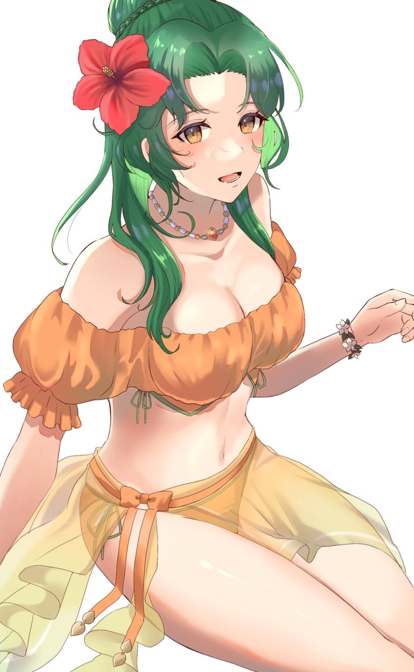 1girl, bare_shoulders, bikini, breasts, brown_eyes, cleavage, elincia_ridell_crimea, elincia_ridell_crimea_(summer)